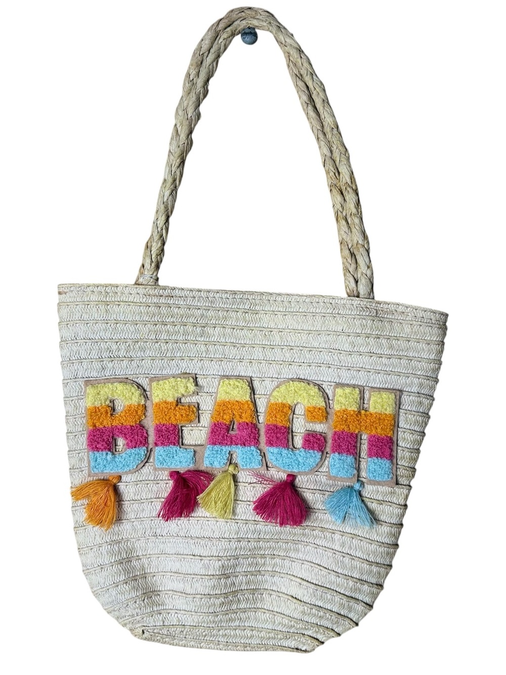 Girls Beach Straw Tote Bag Colorful BEACH Tassel Summer Pool Vacation